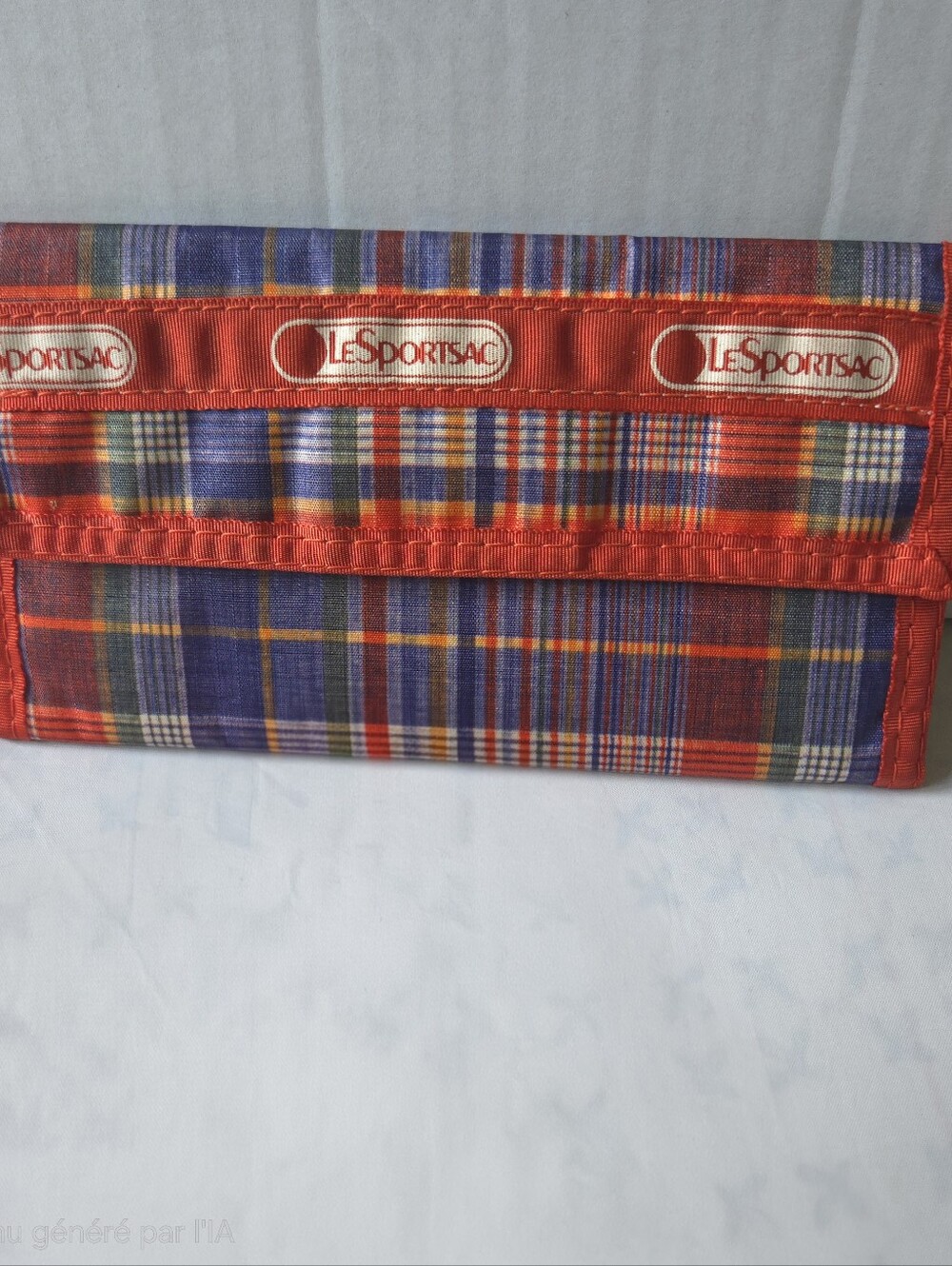 Vintage LeSportsac Trifold Wallet Plaid Ripstop Nylon Red Blue Travel Wallet